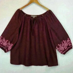 Olivia & Martin Peasant / Boho Top Women’s 1X Merlot Embroidered